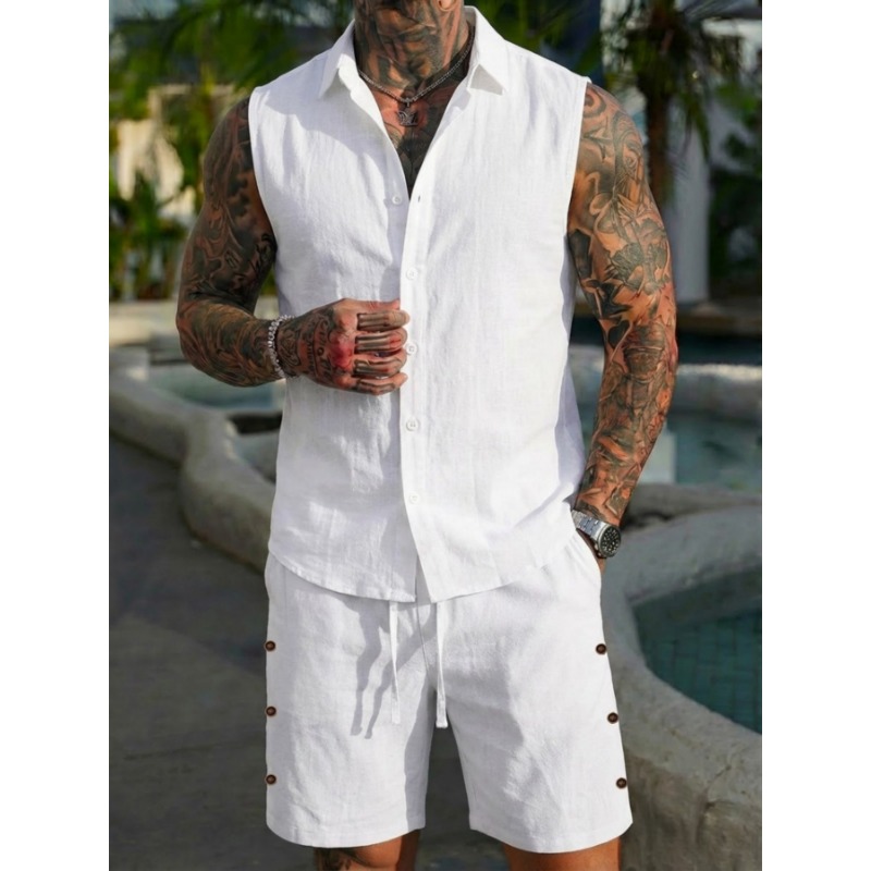 Men's 2 Piece Linen Textured S - Short Linen Drawstring ulasan dan harga