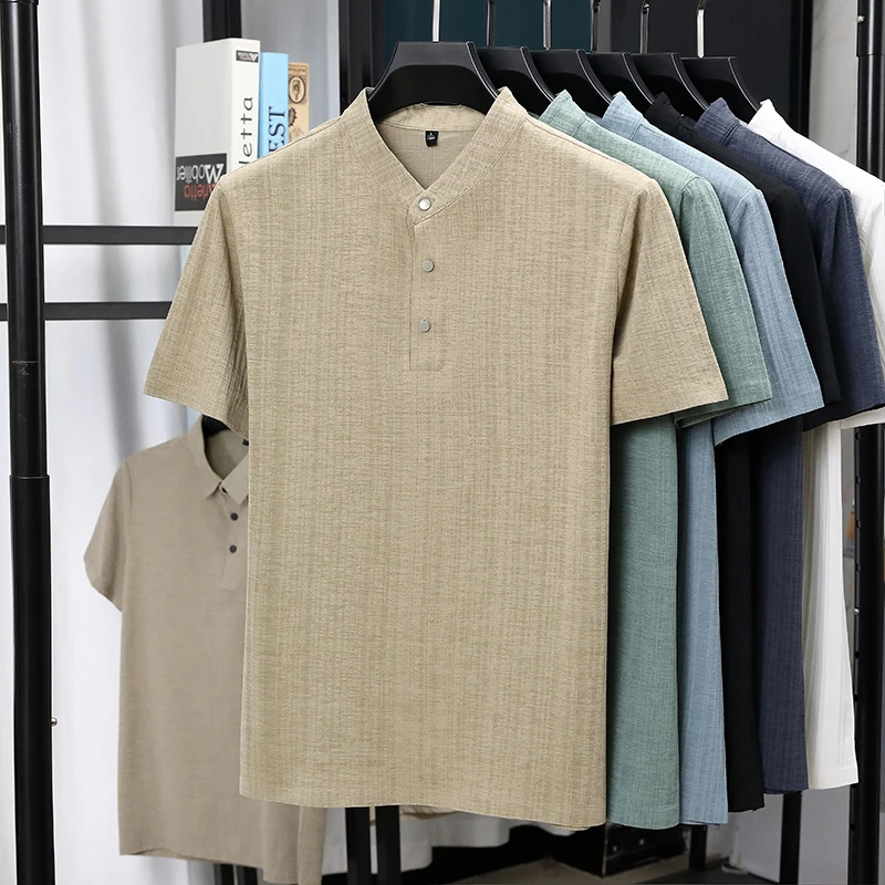 Mens Mandarin Collar Half Plac - Linen Shirt Breathable ulasan dan harga