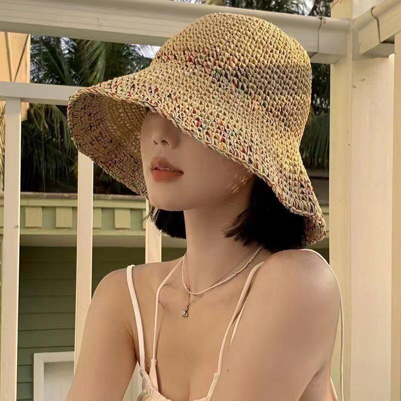 Women Hand Woven Rainbow Straw - Bucket Hat Straw ulasan dan harga