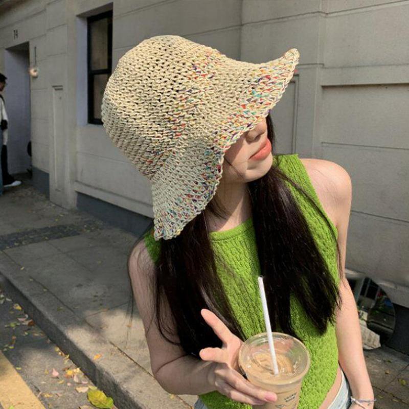 Women Hand Woven Rainbow Straw - Bucket Hat Straw ulasan dan harga