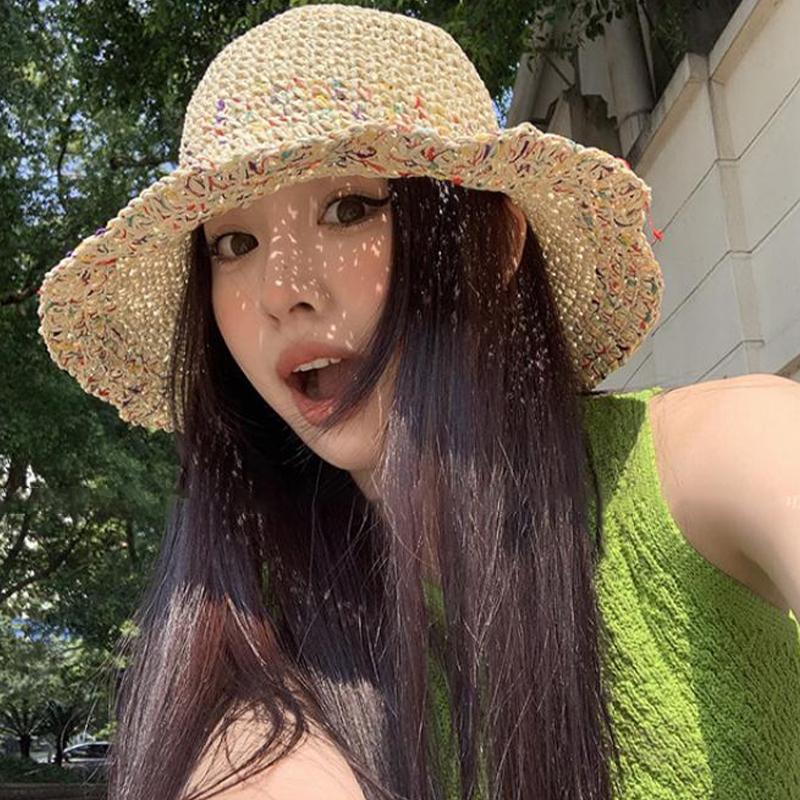 Women Hand Woven Rainbow Straw - Bucket Hat Straw ulasan dan harga