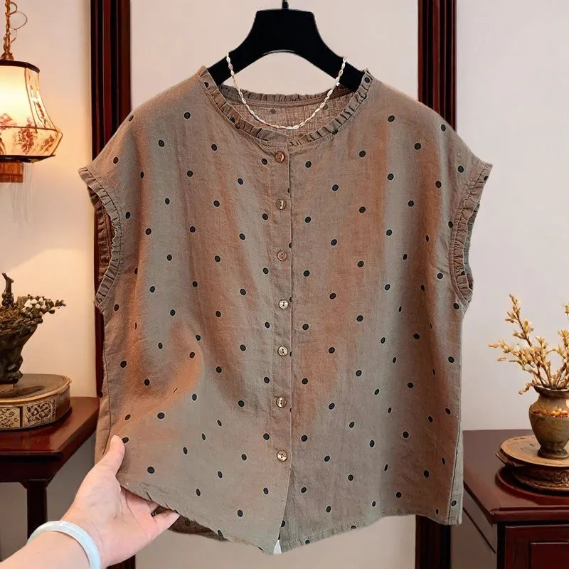 Women's Retro Polka Dot Linen  - Shirt Camp Collar ulasan dan harga
