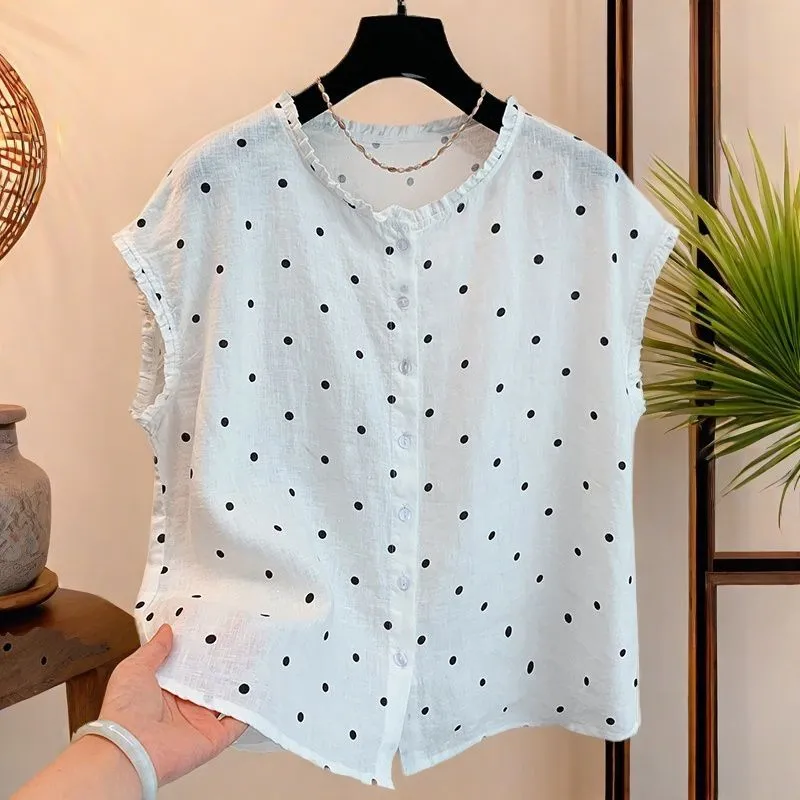 Women's Retro Polka Dot Linen  - Shirt Camp Collar ulasan dan harga