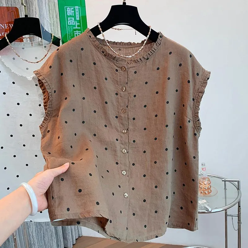 Women's Retro Polka Dot Linen  - Shirt Camp Collar ulasan dan harga