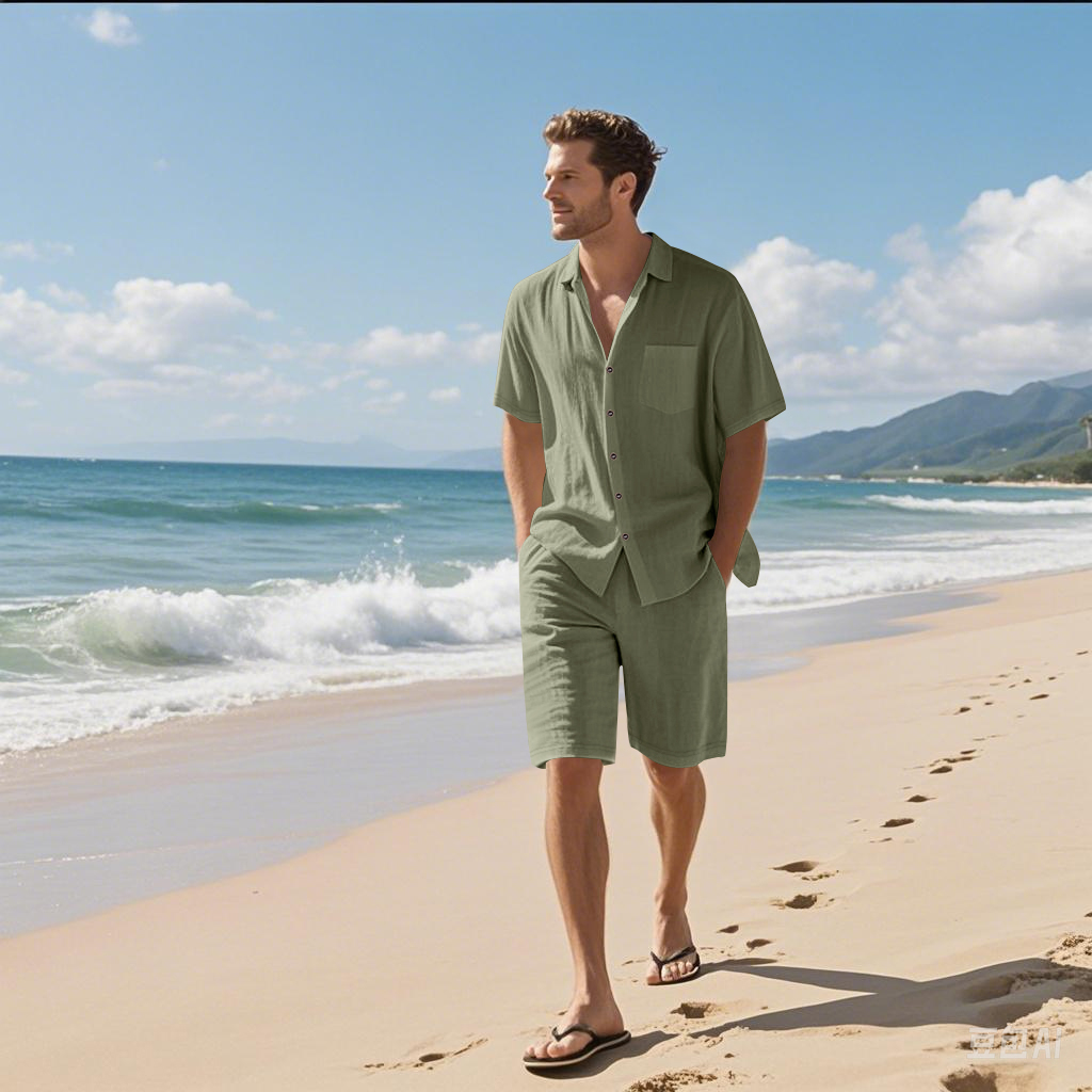 Men Linen Textured Two-Piece S - Short Linen Drawstring ulasan dan harga